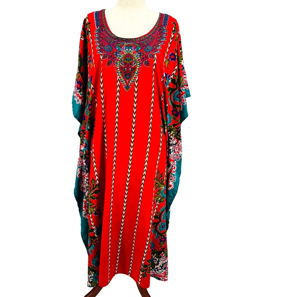 Sante Classics Caftan Womens OS Red Paisley Sparkle Scoop Neck Caftan/ Lounger